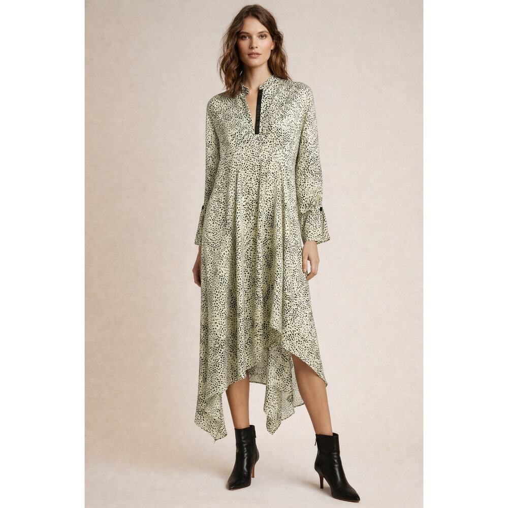 PETAR PETROV Neutral Light Green 100% Silk Black  Spots Alex Silk Dress size XS